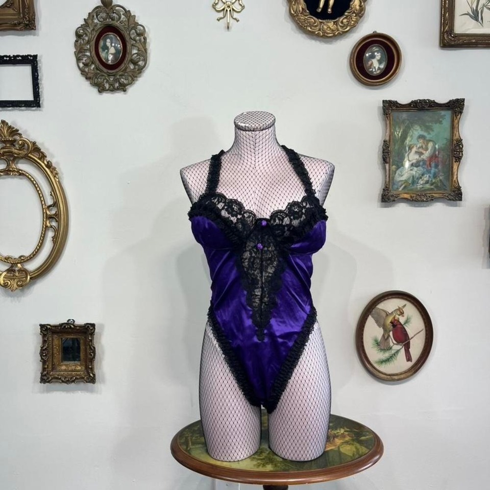 Vintage Y2K Purple & Black Lace Satin Bodysuit Lingerie – Size L